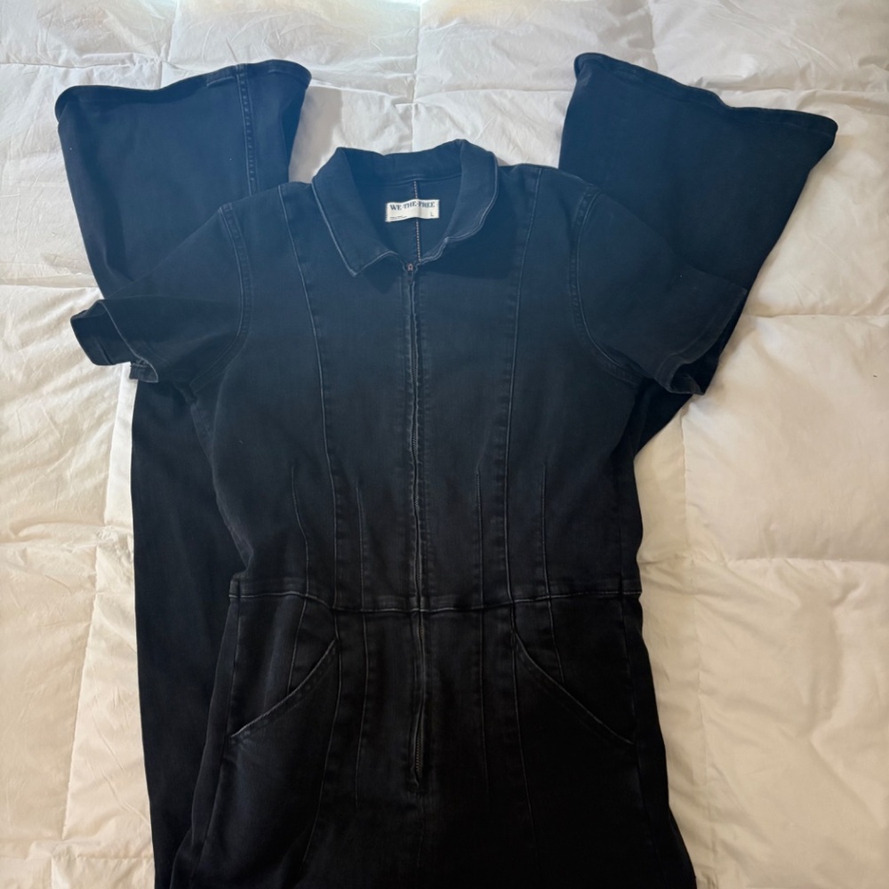 FREE PEOPLE Jayde Black Denim Flared Jumpsuit - Picture 2 of 4